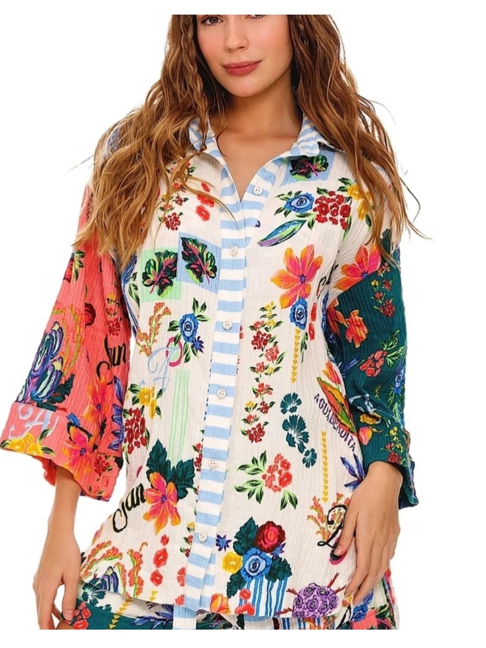 NWT Agua Bendita Chrissy Citrus Long Sleeve Cotton Cover-Up Tunic - Picture 5 of 9
